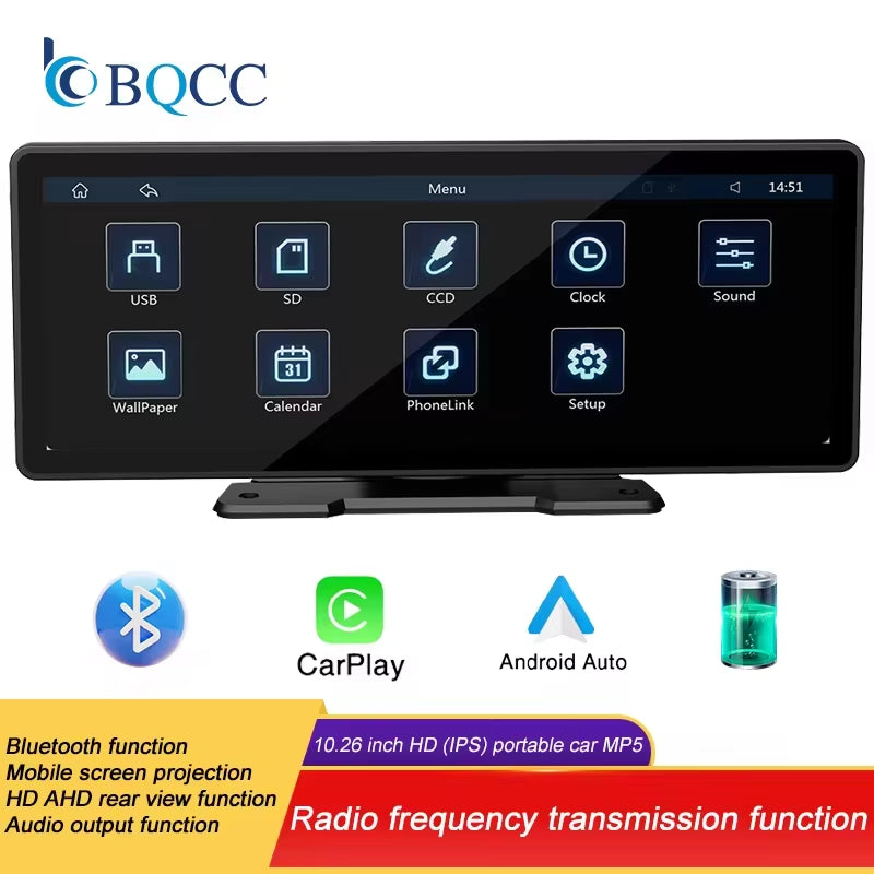 10.26 Inch Portable MP5 Multimedia Video Player Android Auto Wireless Carplay Screen HD Rear Reversing Camera Car Radio