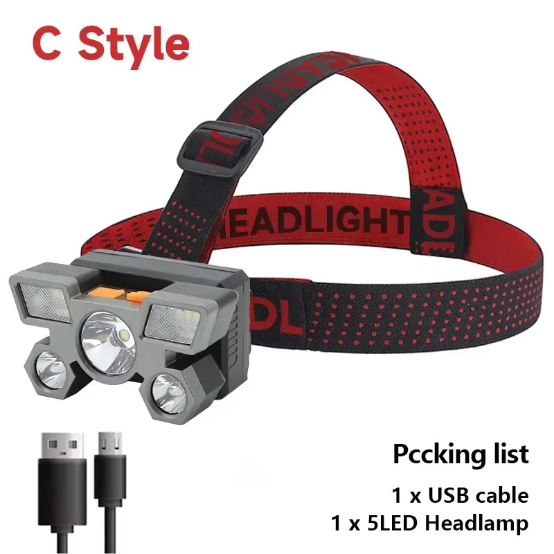 5 LED Flashlight Rechargeable with Built in Lithium Battery Strong Head Light Camping Adventure Fishing Cycling Headlamp